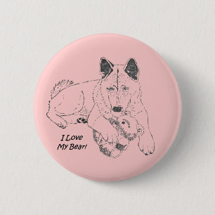 Cute Japanese akita with pink teddy bear art 6 Cm Round Badge