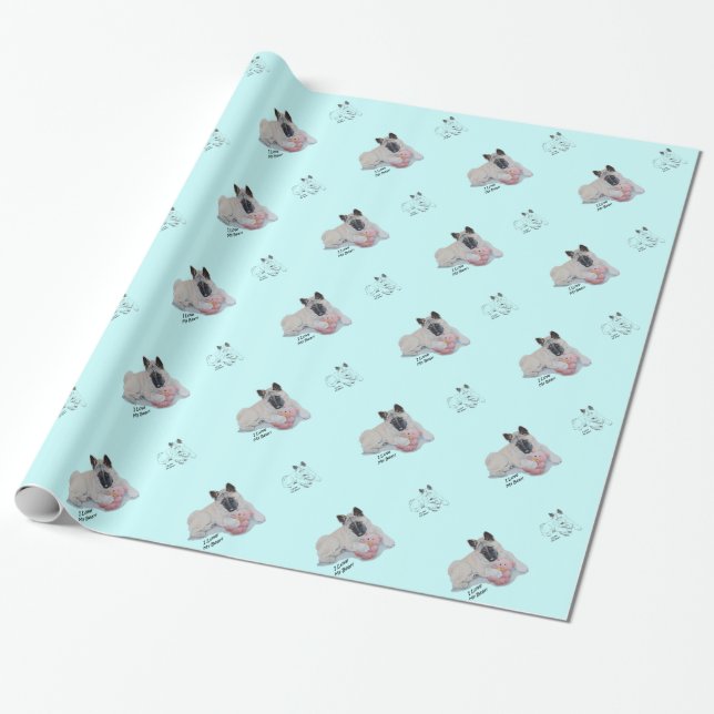 Cute Japanese akita with pink teddy bear art Wrapping Paper (Unrolled)