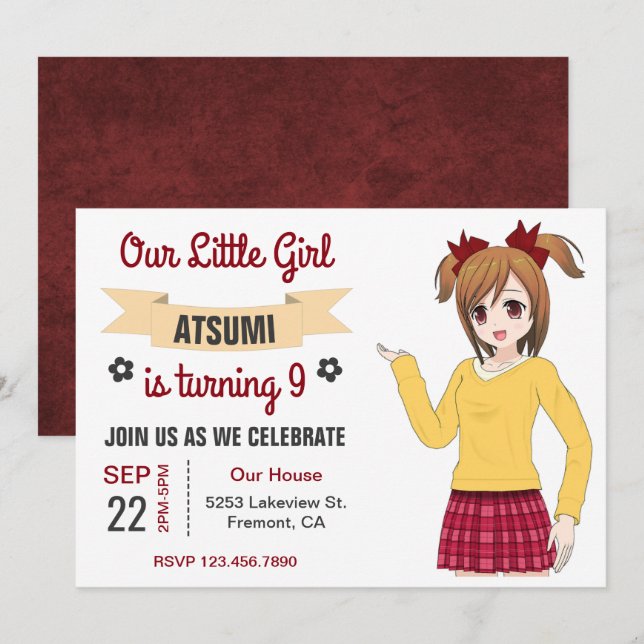 Cute Japanese Anime Girl Birthday Party Invitation (Front/Back)