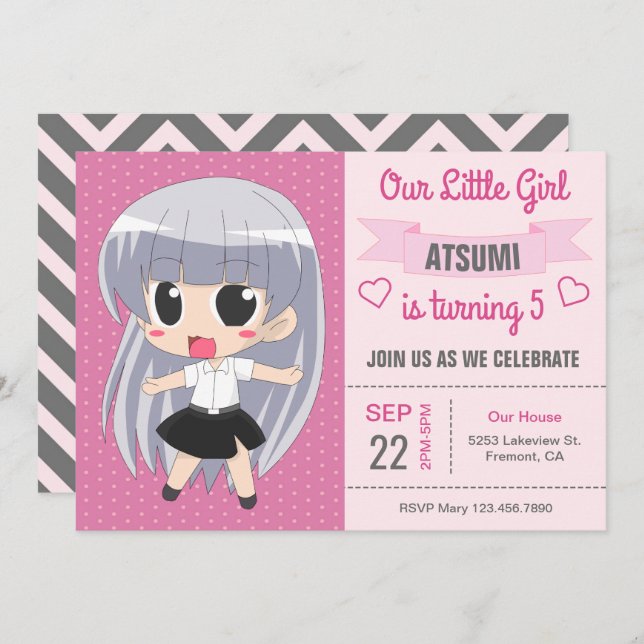Cute Japanese Anime Girl Birthday Party Invitation (Front/Back)