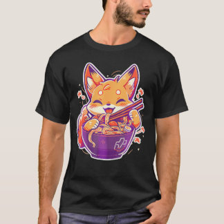 Cute Japanese Anime Kawaii Fox Eating Ramen Girls  T-Shirt