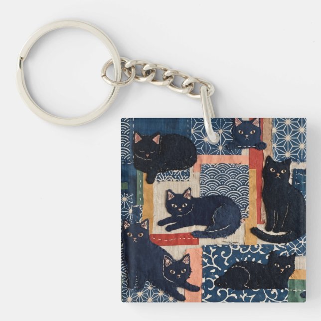 Cute Japanese Black Cats Patchwork  Key Ring (Front)