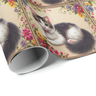 Cute Japanese Bobtail Cat Colourful Flowers Border Wrapping Paper