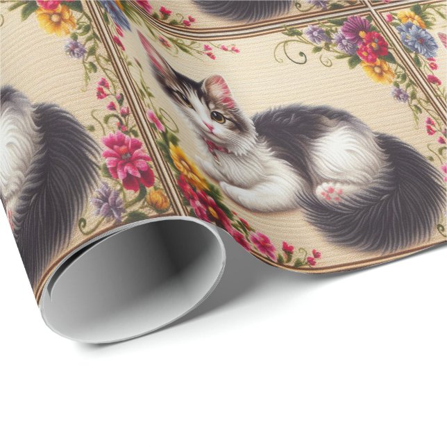 Cute Japanese Bobtail Cat Colourful Flowers Border Wrapping Paper (Roll Corner)
