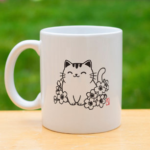 Cute Japanese Cat and Sakura with "Neko" Stamp Coffee Mug