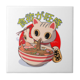 Cute Japanese Cat Eating Noodles with Chopsticks Ceramic Tile