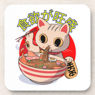 Cute Japanese Cat Eating Noodles with Chopsticks Coaster