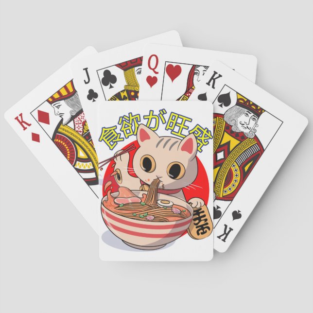 Cute Japanese Cat Eating Noodles with Chopsticks Playing Cards (Back)