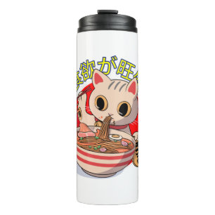 Cute Japanese Cat Eating Noodles with Chopsticks Thermal Tumbler