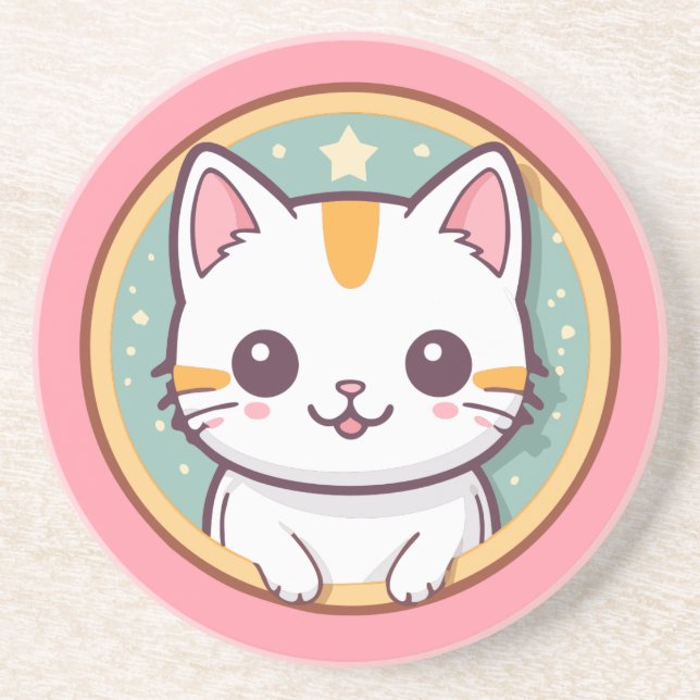 Cute Japanese Cat Kawaii Kitten Coaster (Front)