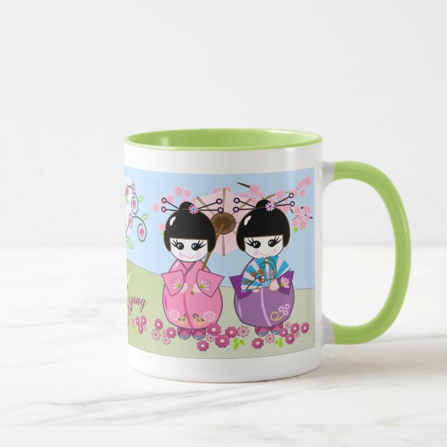 Cute Japanese dolls, cherry blossoms mug with text (Right)