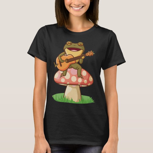 Cute Japanese frog playing guitar banjo on a mushr T-Shirt (Front)