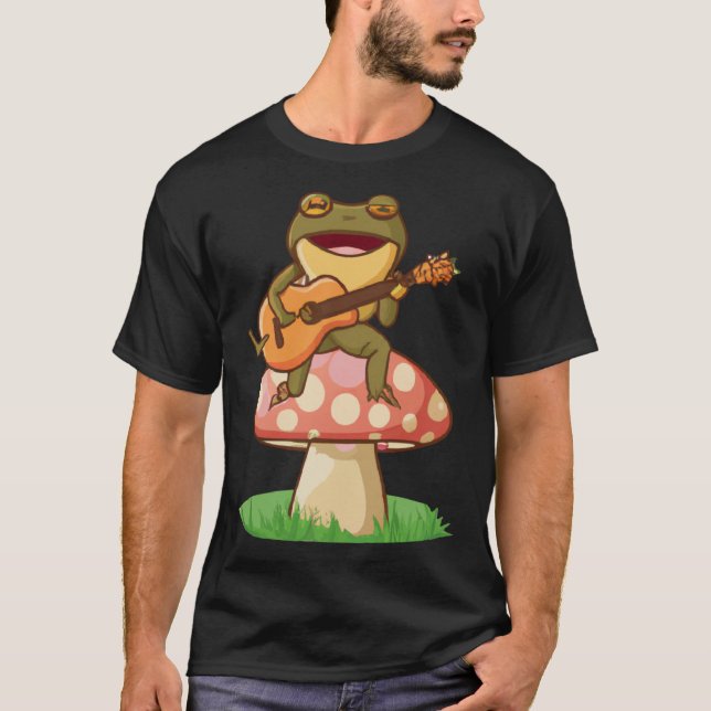 Cute Japanese frog playing guitar banjo on a mushr T-Shirt (Front)