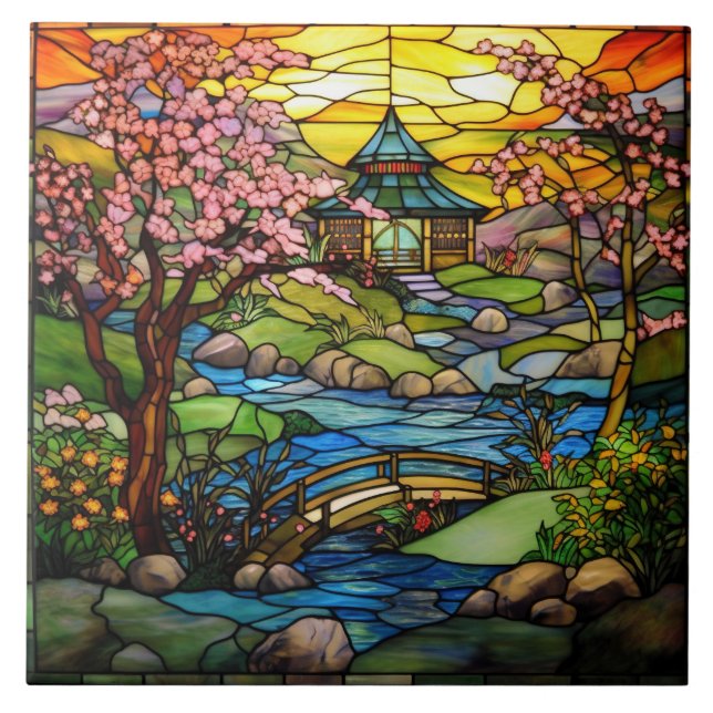 cute Japanese Garden faux stained glass  Ceramic Tile (Front)