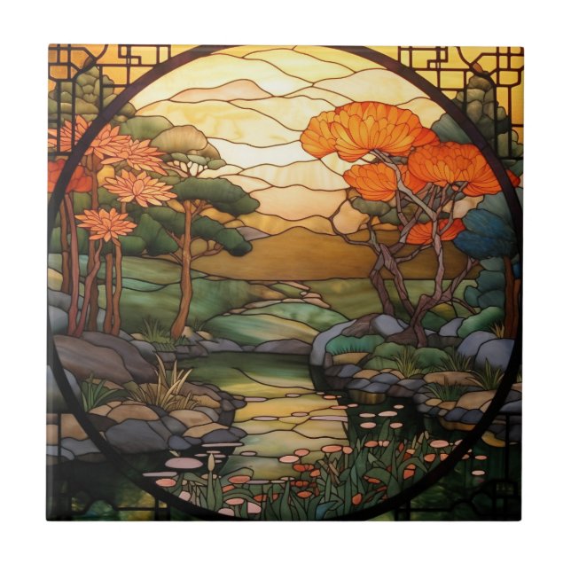 cute Japanese Garden faux stained glass  Ceramic Tile (Front)