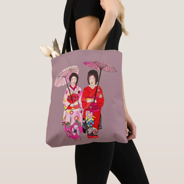 Cute Japanese Geisha art with pink kimono Tote Bag (Close Up)