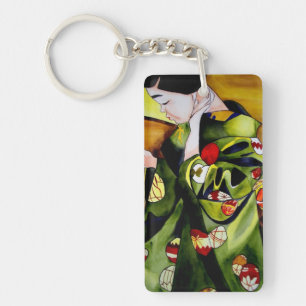 Cute Japanese Geisha watercolor art painting Key Ring