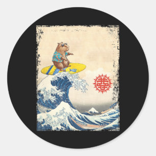 Cute Japanese Great Wave Kanagawa Surfing Capyra _ Classic Round Sticker