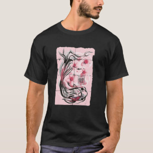 Cute Japanese Koi Fish Ink Print With Cherry Bloss T-Shirt