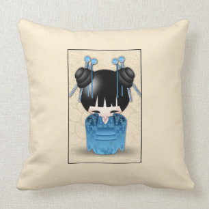 Cute Japanese Kokeshi Doll Dressed In Blue Cushion