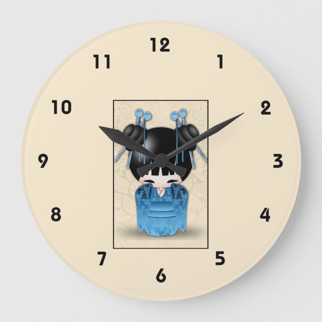 Cute Japanese Kokeshi Doll Dressed In Blue Large Clock (Front)