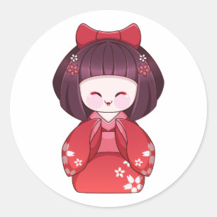 Cute Japanese Kokeshi Doll Kimono Sakura Sticker