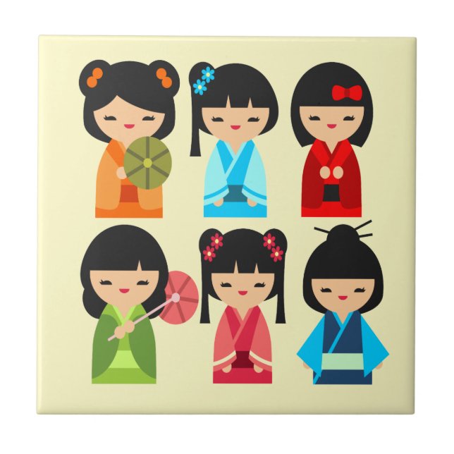 Cute Japanese Kokeshi doll pattern Ceramic Tile (Front)