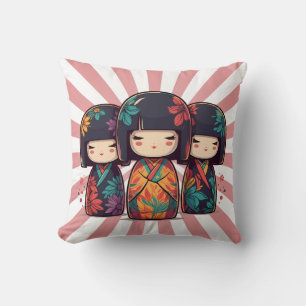 Cute Japanese Kokeshi Dolls Cushion