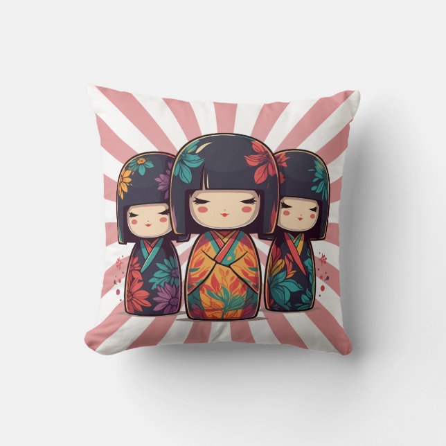 Cute Japanese Kokeshi Dolls Cushion (Front)