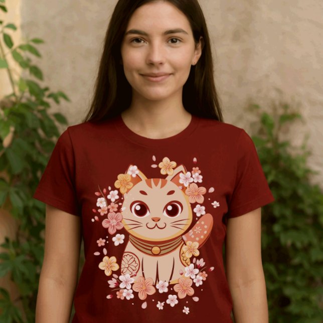 Cute Japanese Neko Cat with Cherry Blossoms T-Shirt (Creator Uploaded)