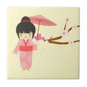 Cute Japanese pink Cherry Blossom Geisha Ceramic Tile
