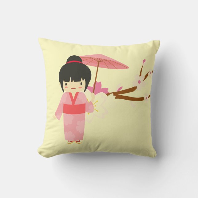 Cute Japanese pink Cherry Blossom Geisha Cushion (Front)