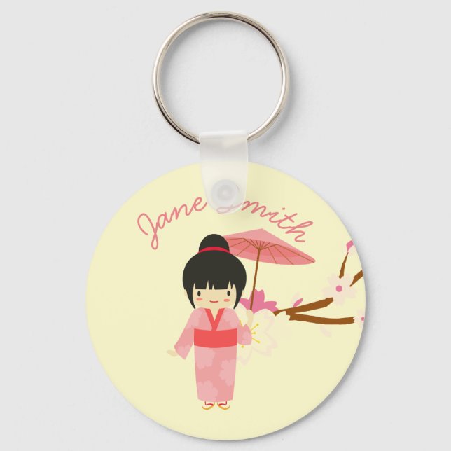 Cute Japanese pink Cherry Blossom Geisha Key Ring (Front)
