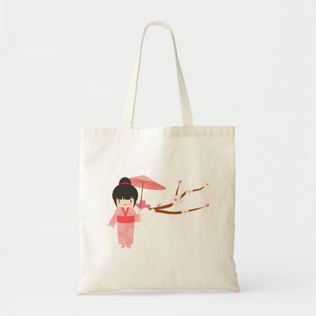 Cute Japanese pink Cherry Blossom Geisha Tote Bag (Front)