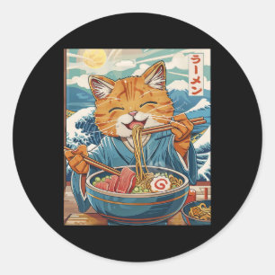 Cute Japanese Ramen Cat The Great Wave Classic Round Sticker