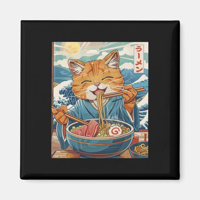 Cute Japanese Ramen Cat The Great Wave  Magnet (Front)
