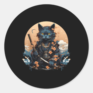 Cute Japanese Samurai Cat Shirt Tattoo 2023 Kawaii Classic Round Sticker