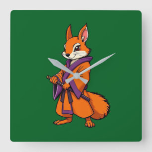 Cute Japanese Samurai Squirrel Square Wall Clock