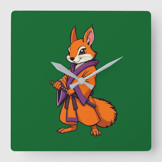 Cute Japanese Samurai Squirrel Square Wall Clock (Front)