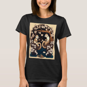 Cute Japanese Style Otter Yin Yang Otter Cherry Bl T-Shirt
