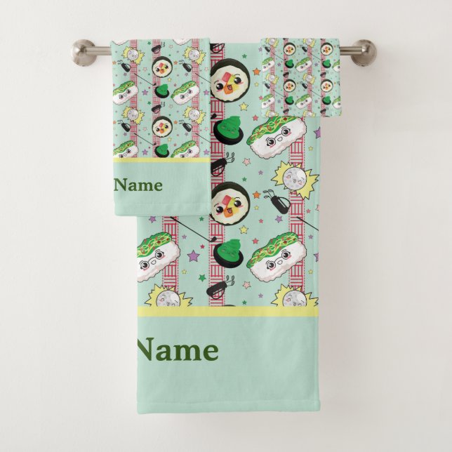 Cute Japanese Sushi Lover Golfing Pattern  Bath Towel Set (Insitu)