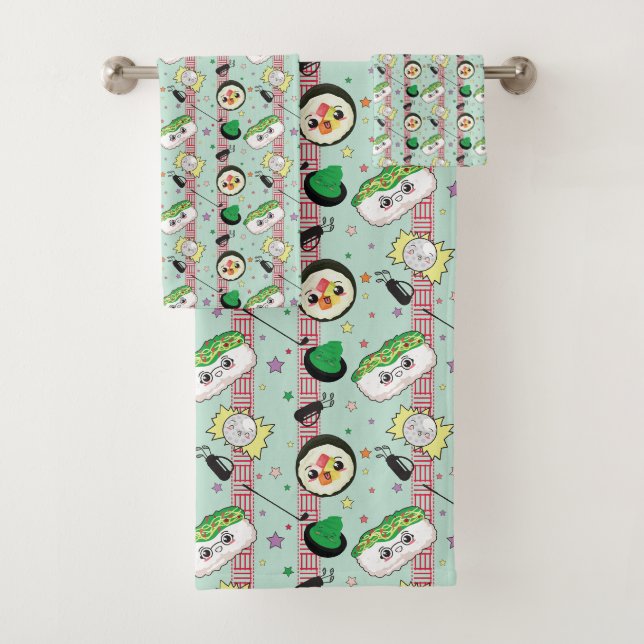 Cute Japanese Sushi Lover Golfing Pattern  Bath Towel Set (Insitu)