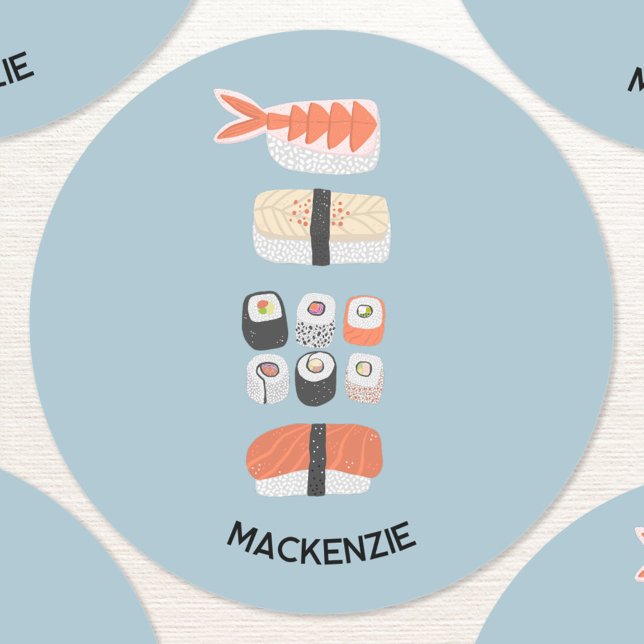 Cute Japanese Sushi Personalised Classic Round Sticker (Fun Japanese sushi themed personalized sticker)