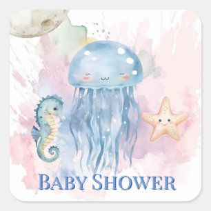 Cute Jellyfish and Friends Pastel Baby Shower Square Sticker