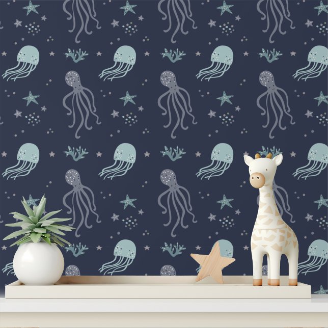 Cute Jellyfish Octopus Blue Ocean Kids Pattern Wallpaper (Creator Uploaded)