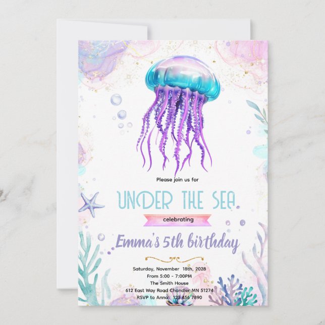 Cute jellyfish party theme invitation (Front)