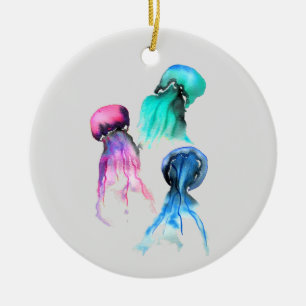 Cute jellyfish trio watercolor art ceramic ornament