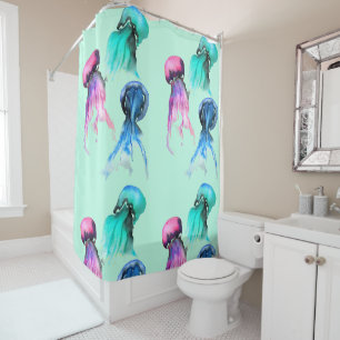 Cute jellyfish trio watercolor art shower curtain