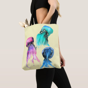 Cute jellyfish trio watercolor art tote bag