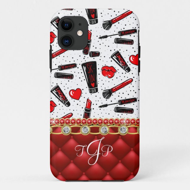 Cute Jewels Bling Red Sparkles Monogram Case-Mate iPhone Case (Back)